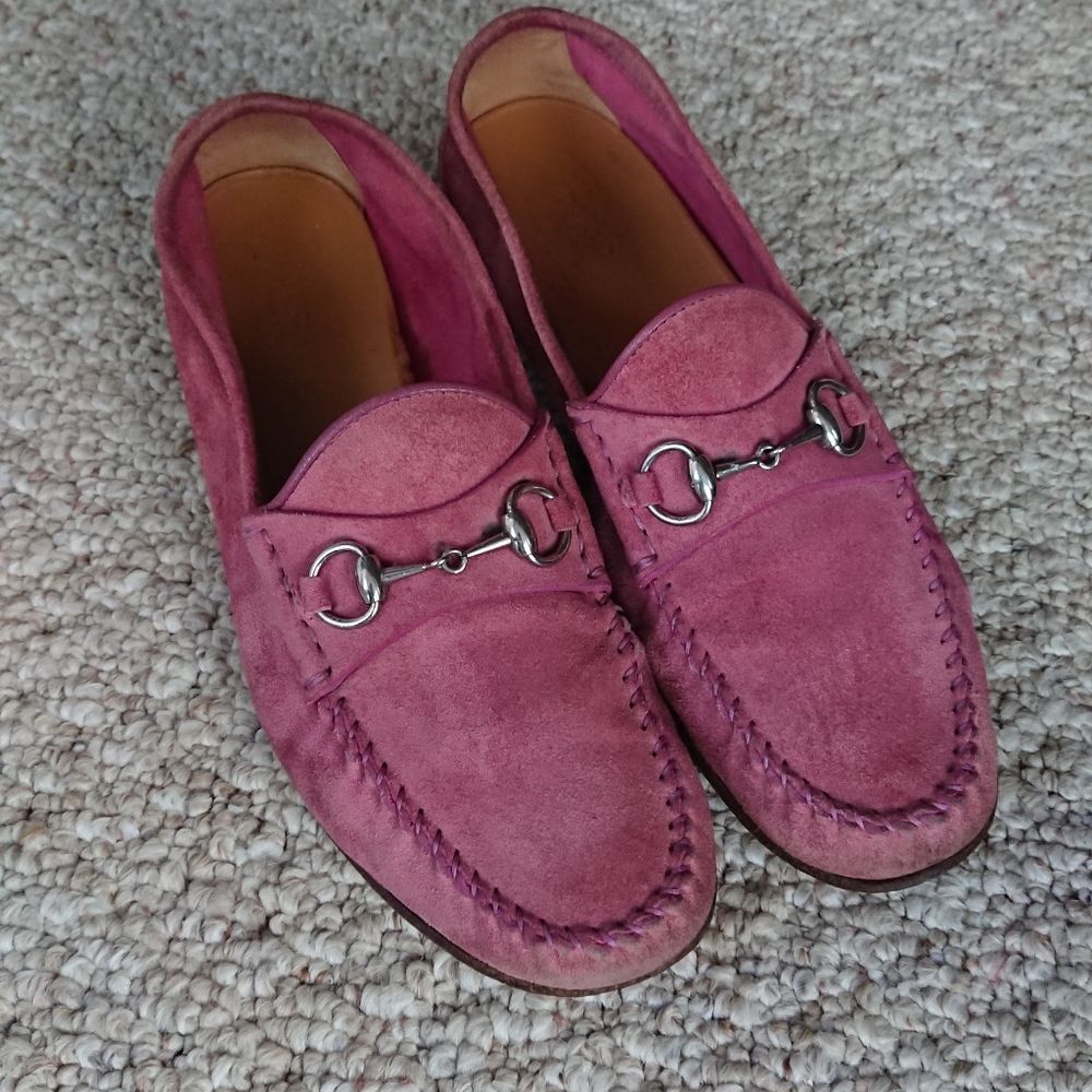 Gucci Pink Suede Horsebit Loafers